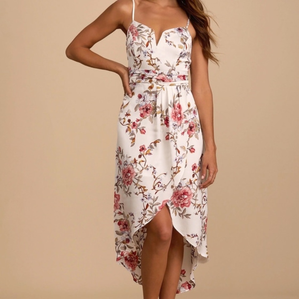 Lulus My Favorite Day Ivory Floral Print Tulip Skirt Midi Dress White - Size M